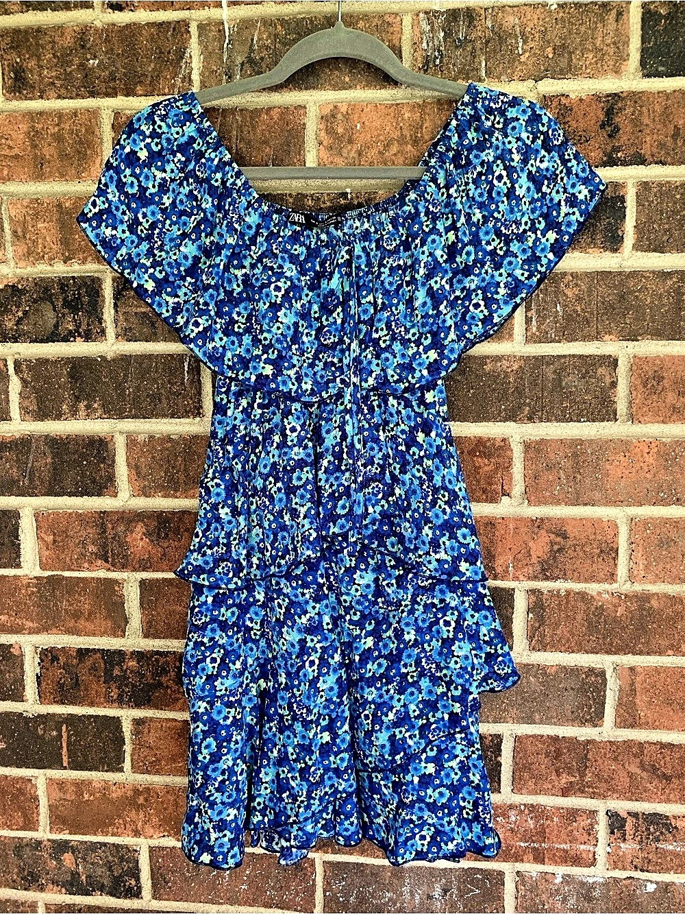 Zara Blue Floral Ruffle Off Shoulder Mini Dress size S